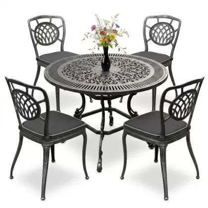 Yuvarlak Masa E:90 x D:90 x Y: 72 cm 4 Kişilik alüminyum döküm masa ve sandalye takımı silver gümüş