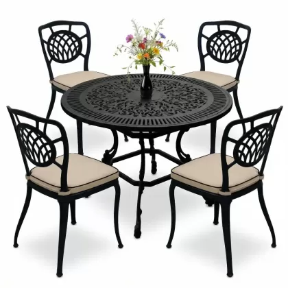 Yuvarlak Masa E:90 x D:90 x Y: 72 cm 4 Kişilik alüminyum döküm masa ve sandalye takımı siyah