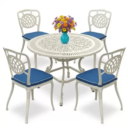 Yuvarlak Masa E:90 x D:90 x Y: 72 cm 4 Kişilik alüminyum döküm masa ve sandalye takımı beyaz