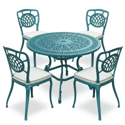 Yuvarlak Masa E:90 x D:90 x Y: 72 cm 4 Kişilik alüminyum döküm masa ve sandalye takımı turkuaz