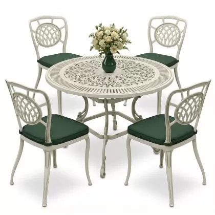 Yuvarlak Masa E:90 x D:90 x Y: 72 cm 4 Kişilik alüminyum döküm masa ve sandalye takımı yeşil beyaz patina