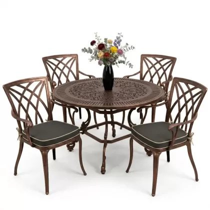 Yuvarlak Masa E:100 x D:100  x Y: 72 cm 4 Kişilik alüminyum döküm masa ve sandalye takımı bakır eskitme