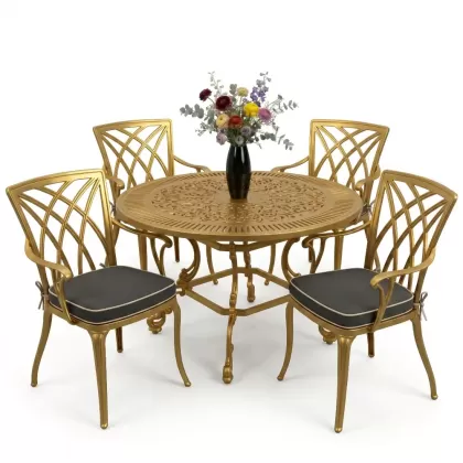 Yuvarlak Masa E:100 x D:100  x Y: 72 cm 4 Kişilik alüminyum döküm masa ve sandalye takımı gold altın