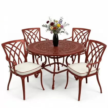 Yuvarlak Masa E:100 x D:100  x Y: 72 cm 4 Kişilik alüminyum döküm masa ve sandalye takımı kırmızı kiremit