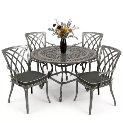 Yuvarlak Masa E:100 x D:100  x Y: 72 cm 4 Kişilik alüminyum döküm masa ve sandalye takımı silver gümüş