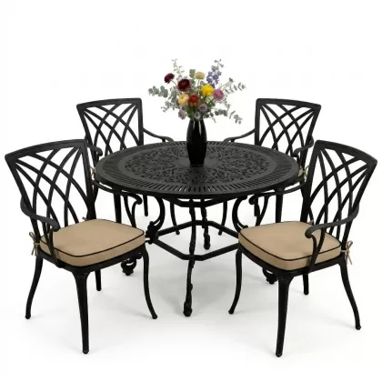 Yuvarlak Masa E:100 x D:100  x Y: 72 cm 4 Kişilik alüminyum döküm masa ve sandalye takımı siyah