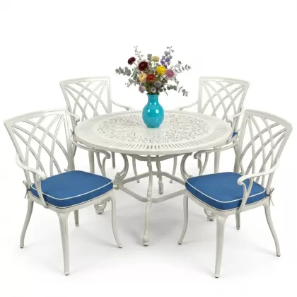 Yuvarlak Masa E:100 x D:100  x Y: 72 cm 4 Kişilik alüminyum döküm masa ve sandalye takımı beyaz