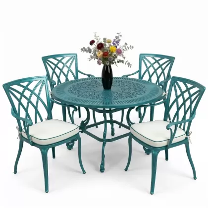 Yuvarlak Masa E:100 x D:100  x Y: 72 cm 4 Kişilik alüminyum döküm masa ve sandalye takımı turkuaz