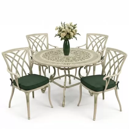 Yuvarlak Masa E:100 x D:100  x Y: 72 cm 4 Kişilik alüminyum döküm masa ve sandalye takımı yeşil beyaz patina