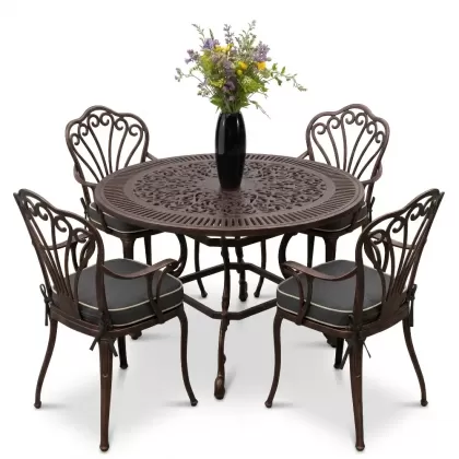 Yuvarlak Masa E:100 x D:100 x Y:72 cm 4 Kişilik alüminyum döküm masa ve sandalye takımı bakır eskitme