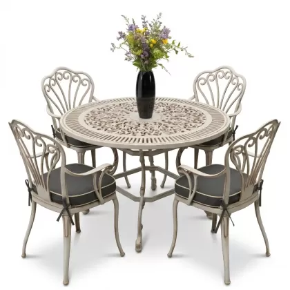 Yuvarlak Masa E:100 x D:100 x Y:72 cm 4 Kişilik alüminyum döküm masa ve sandalye takımı beayaz eskitme