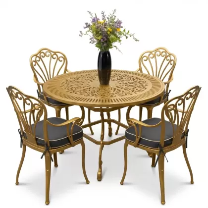 Yuvarlak Masa E:100 x D:100 x Y:72 cm 4 Kişilik alüminyum döküm masa ve sandalye takımı gold altın