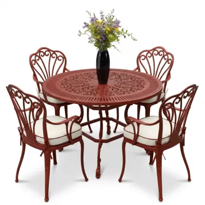 Yuvarlak Masa E:100 x D:100 x Y:72 cm 4 Kişilik alüminyum döküm masa ve sandalye takımı kırmızı kiremit