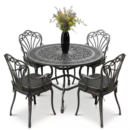 Yuvarlak Masa E:100 x D:100 x Y:72 cm 4 Kişilik alüminyum döküm masa ve sandalye takımı gümüş silver