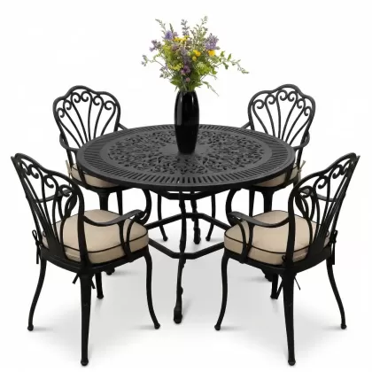 Yuvarlak Masa E:100 x D:100 x Y:72 cm 4 Kişilik alüminyum döküm masa ve sandalye takımı siyah