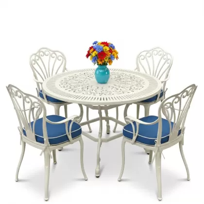 Yuvarlak Masa E:100 x D:100 x Y:72 cm 4 Kişilik alüminyum döküm masa ve sandalye takımı beyaz