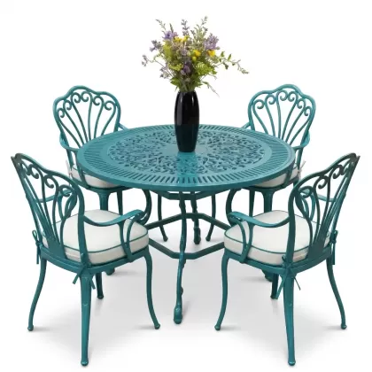 Yuvarlak Masa E:100 x D:100 x Y:72 cm 4 Kişilik alüminyum döküm masa ve sandalye takımı turkuaz
