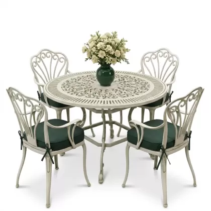 Yuvarlak Masa E:100 x D:100 x Y:72 cm 4 Kişilik alüminyum döküm masa ve sandalye takımı yeşil beyaz patina