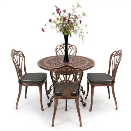 Yuvarlak Masa E:90 x D:90 x Y:72 cm 4 Kişilik alüminyum döküm masa ve sandalye takımı bakır eskitme