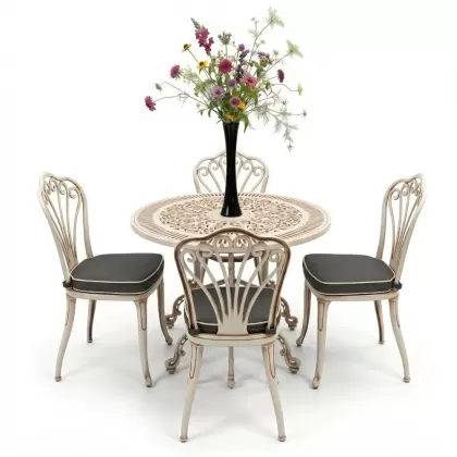 Yuvarlak Masa E:90 x D:90 x Y:72 cm 4 Kişilik alüminyum döküm masa ve sandalye takımı beyaz eskitme