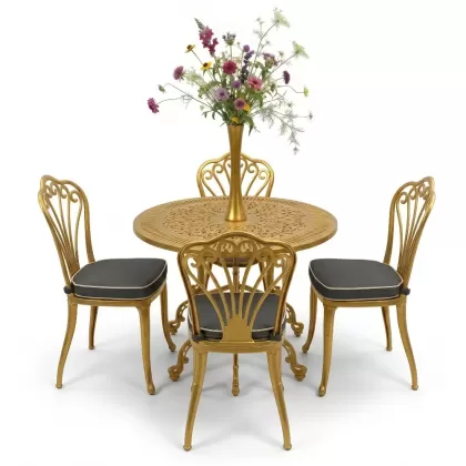 Yuvarlak Masa E:90 x D:90 x Y:72 cm 4 Kişilik alüminyum döküm masa ve sandalye takımı gold altın
