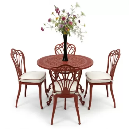 Yuvarlak Masa E:90 x D:90 x Y:72 cm 4 Kişilik alüminyum döküm masa ve sandalye takımı kiremit kırmızı