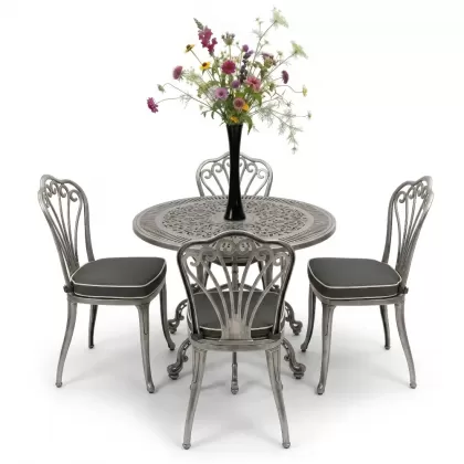 Yuvarlak Masa E:90 x D:90 x Y:72 cm 4 Kişilik alüminyum döküm masa ve sandalye takımı silver gümüş