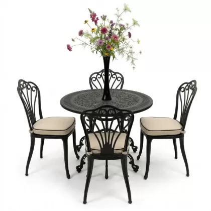 Yuvarlak Masa E:90 x D:90 x Y:72 cm 4 Kişilik alüminyum döküm masa ve sandalye takımı siyah