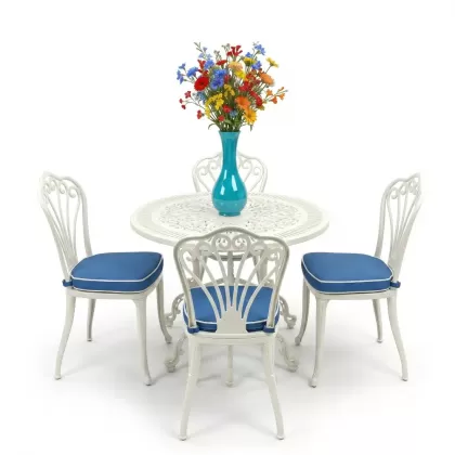 Yuvarlak Masa E:90 x D:90 x Y:72 cm 4 Kişilik alüminyum döküm masa ve sandalye takımı beyaz