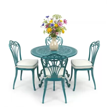 Yuvarlak Masa E:90 x D:90 x Y:72 cm 4 Kişilik alüminyum döküm masa ve sandalye takımı turkuaz