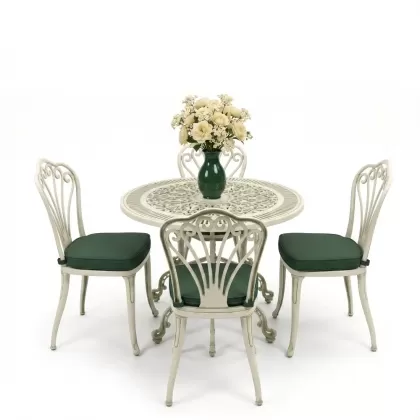 Yuvarlak Masa E:90 x D:90 x Y:72 cm 4 Kişilik alüminyum döküm masa ve sandalye takımı yeşil beyaz patina