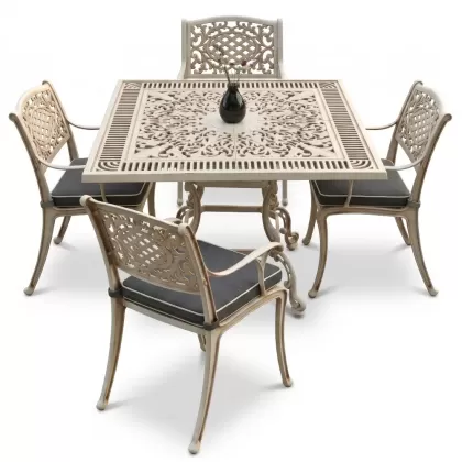 Kare Masa E:100 x D:100 x Y: 72 cm 4 Kişilik alüminyum döküm masa ve sandalye takımı beyaz eskitme