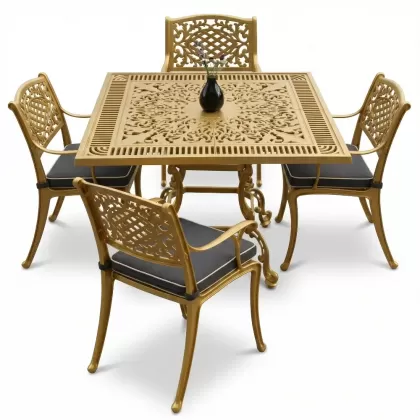Kare Masa E:100 x D:100 x Y: 72 cm 4 Kişilik alüminyum döküm masa ve sandalye takımı gold altın