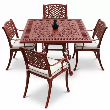 Kare Masa E:100 x D:100 x Y: 72 cm 4 Kişilik alüminyum döküm masa ve sandalye takımı kiremit kırmızı