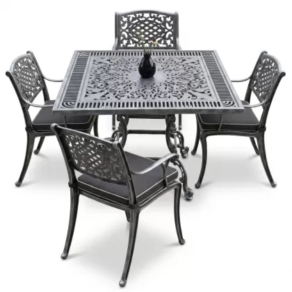 Kare Masa E:100 x D:100 x Y: 72 cm 4 Kişilik alüminyum döküm masa ve sandalye takımı silver gümüş