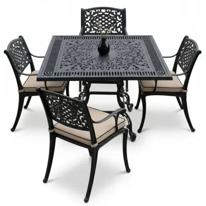 Kare Masa E:100 x D:100 x Y: 72 cm 4 Kişilik alüminyum döküm masa ve sandalye takımı siyah