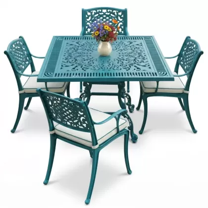 Kare Masa E:100 x D:100 x Y: 72 cm 4 Kişilik alüminyum döküm masa ve sandalye takımı turkuaz