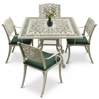 Kare Masa E:100 x D:100 x Y: 72 cm 4 Kişilik alüminyum döküm masa ve sandalye takımı beyaz yeşil patina