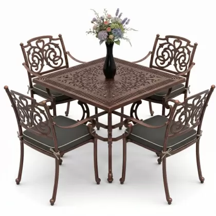 Kare Masa E:100 x D:100 x Y: 72 cm 4 Kişilik alüminyum döküm masa ve sandalye takımı bakır eskitme
