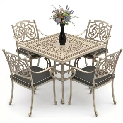 Kare Masa E:100 x D:100 x Y: 72 cm 4 Kişilik alüminyum döküm masa ve sandalye takımı beyaz eskitme