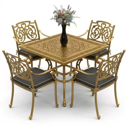 Kare Masa E:100 x D:100 x Y: 72 cm 4 Kişilik alüminyum döküm masa ve sandalye takımı gold altın