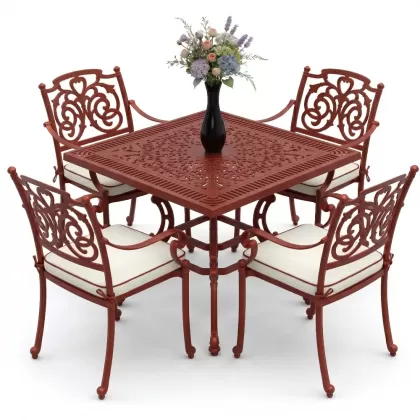 Kare Masa E:100 x D:100 x Y: 72 cm 4 Kişilik alüminyum döküm masa ve sandalye takımı kiremit kırmızı