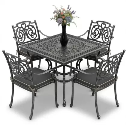 Kare Masa E:100 x D:100 x Y: 72 cm 4 Kişilik alüminyum döküm masa ve sandalye takımı gümüş silver