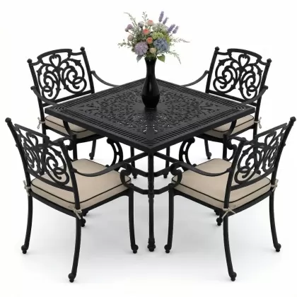 Kare Masa E:100 x D:100 x Y: 72 cm 4 Kişilik alüminyum döküm masa ve sandalye takımı siyah