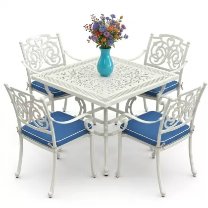 Kare Masa E:100 x D:100 x Y: 72 cm 4 Kişilik alüminyum döküm masa ve sandalye takımı beyaz