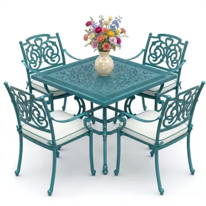 Kare Masa E:100 x D:100 x Y: 72 cm 4 Kişilik alüminyum döküm masa ve sandalye takımı turkuaz