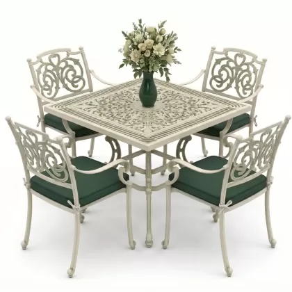 Kare Masa E:100 x D:100 x Y: 72 cm 4 Kişilik alüminyum döküm masa ve sandalye takımı beyaz yeşil patina