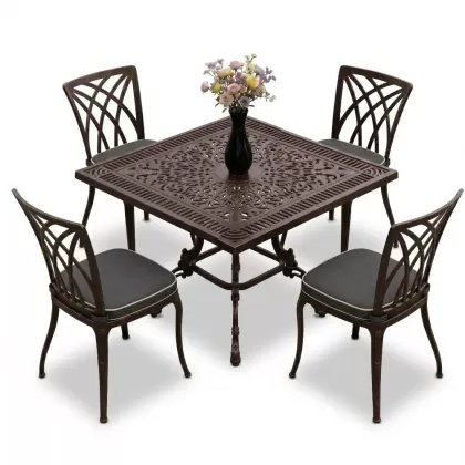 Kare Masa E:100 x D:100 x Y:72 cm 4 Kişilik alüminyum döküm masa ve sandalye takımı bakır eskitme