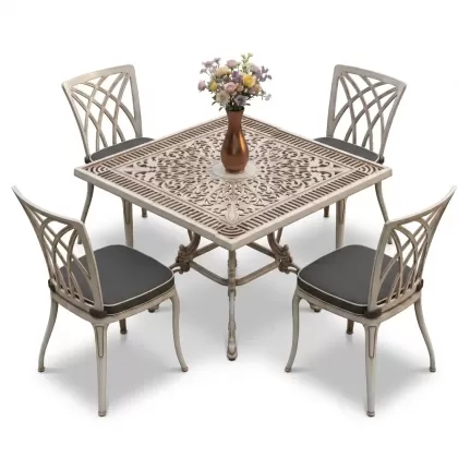 Kare Masa E:100 x D:100 x Y:72 cm 4 Kişilik alüminyum döküm masa ve sandalye takımı beyaz eskitme