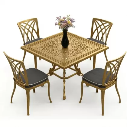 Kare Masa E:100 x D:100 x Y:72 cm 4 Kişilik alüminyum döküm masa ve sandalye takımı altın gold